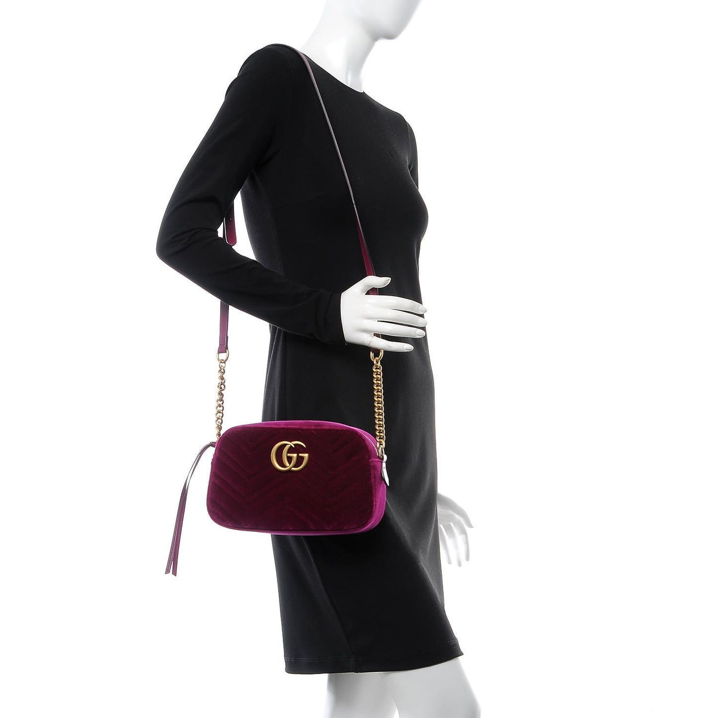 Velvet Matelasse Small GG Marmont Chain Shoulder Bag Fuchsia Violet Cyclamen
