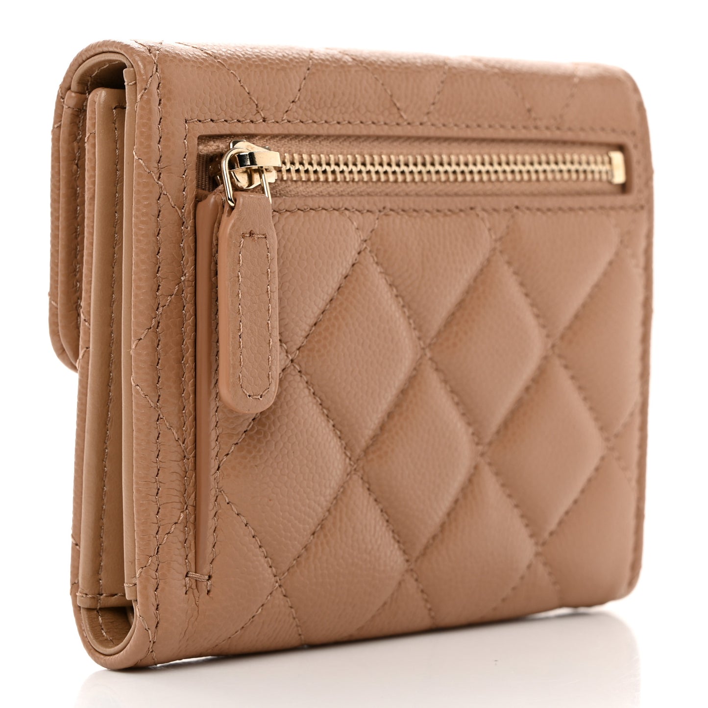 Caviar Quilted Compact Flap Wallet Beige