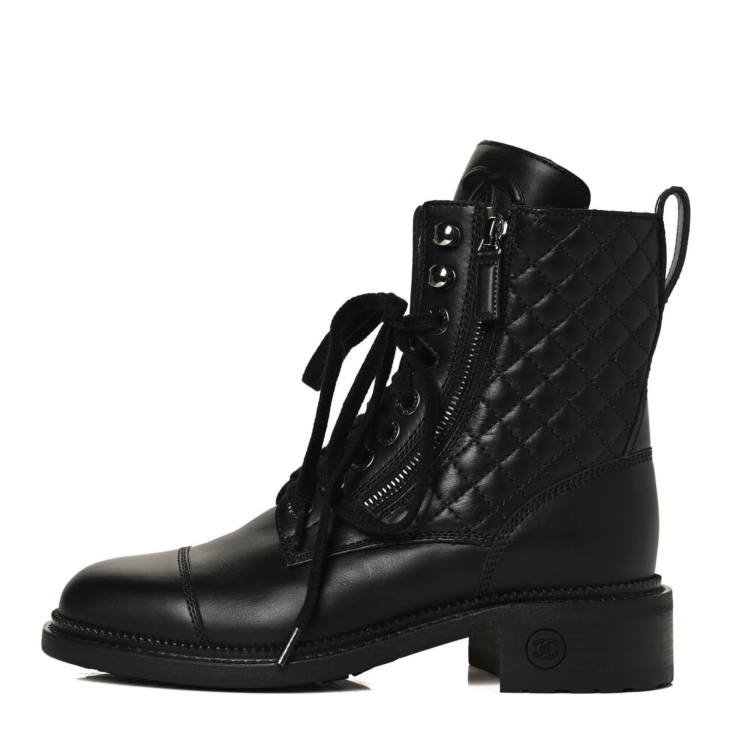 Calfskin Quilted Lace Up Combat Boots 36 Black