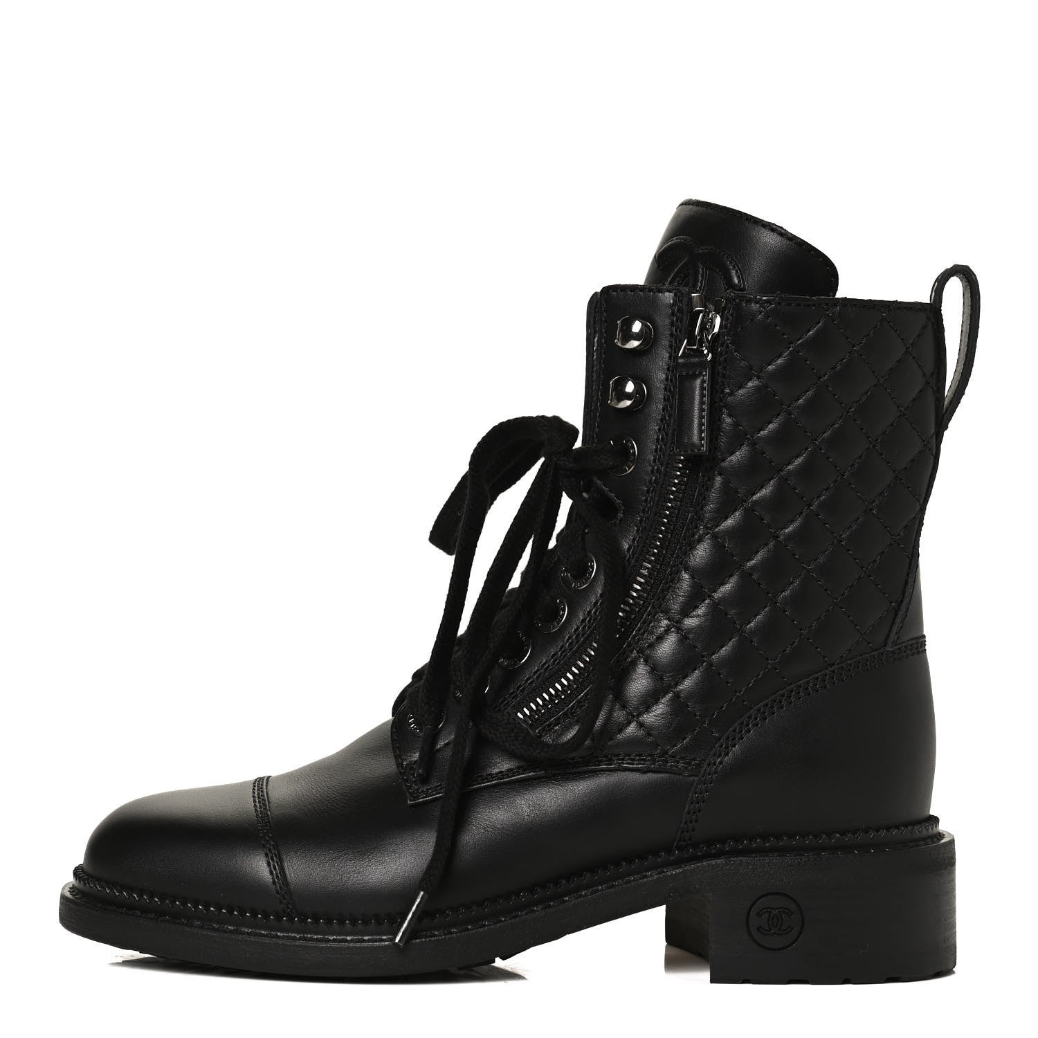 Chanel Calfskin Quilted Lace Up Combat Boots 36 Black 1 of 14
