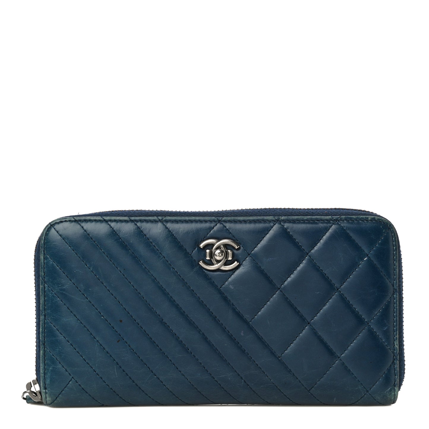 Glazed Calfskin Quilted Small Coco Boy Zip Around Wallet Blue
