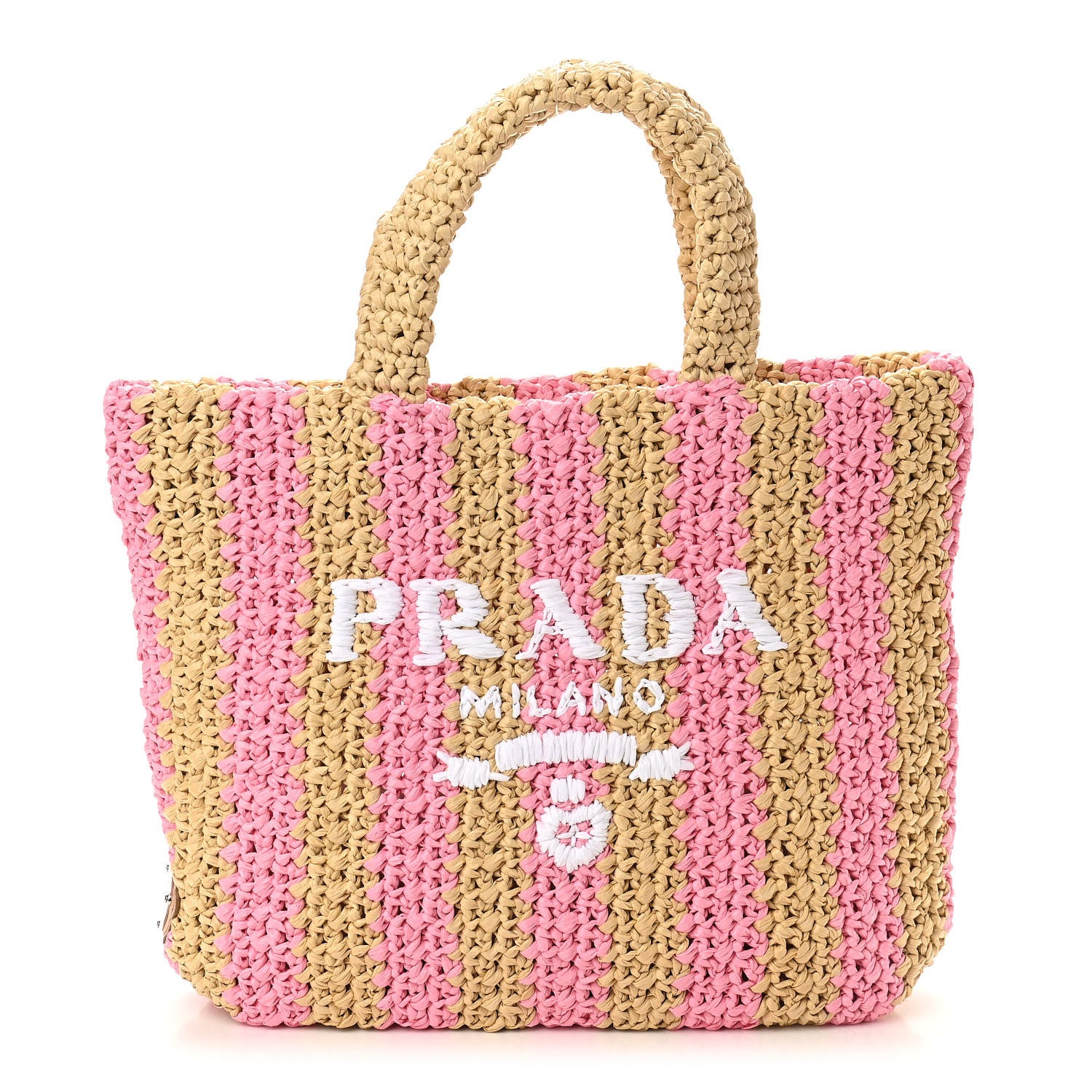 Prada Yarn Raffia Effect Crochet Striped Small Logo Tote Naturale Petalo 1 of 9