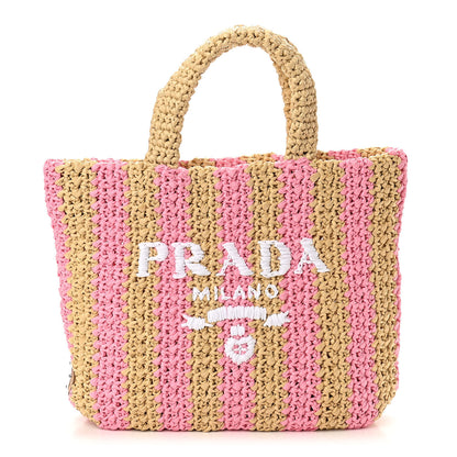 Prada Yarn Raffia Effect Crochet Striped Small Logo Tote Naturale Petalo 1 of 9