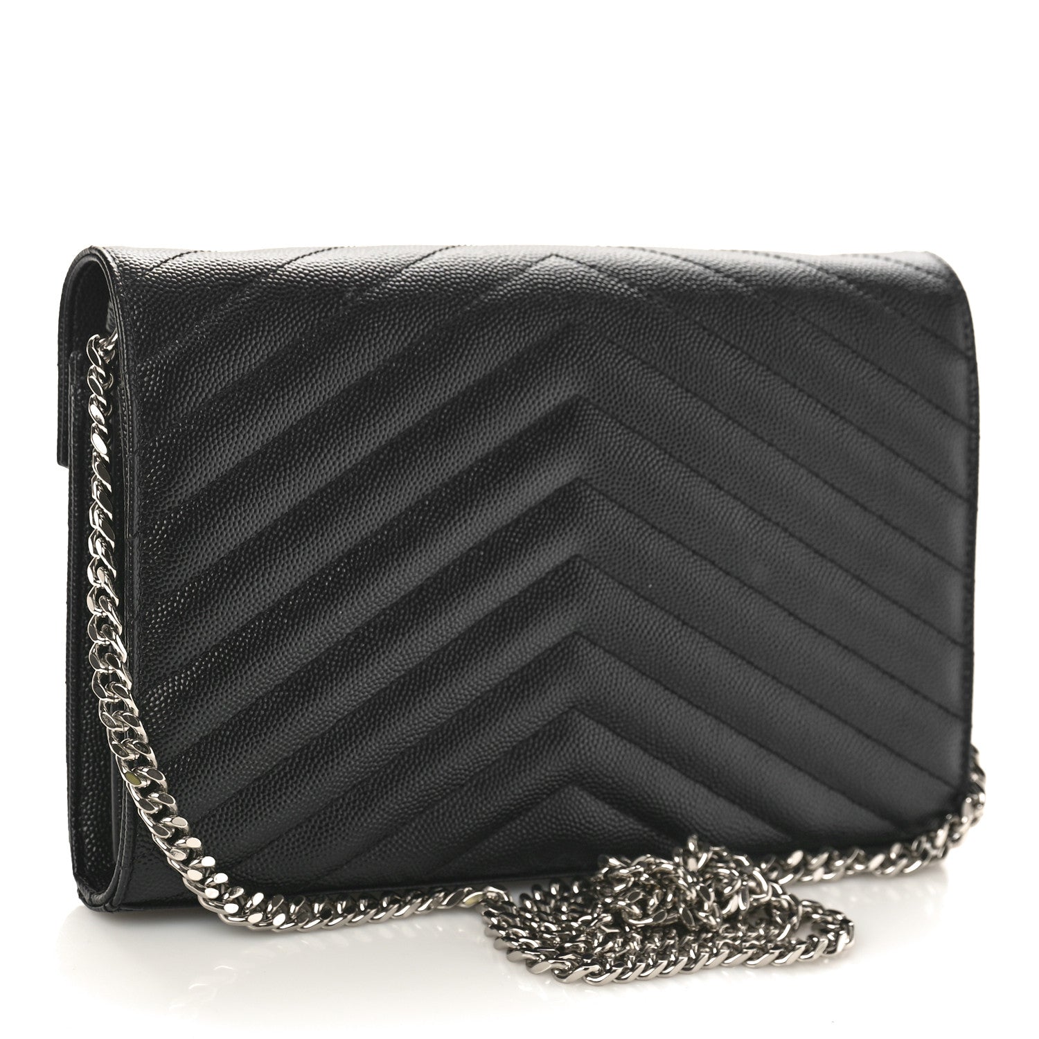 Saint Laurent Grain De Poudre Matelasse Chevron Monogram Chain Wallet Black 2 of 9