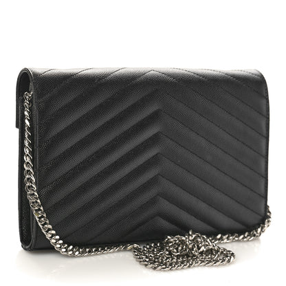 Saint Laurent Grain De Poudre Matelasse Chevron Monogram Chain Wallet Black 2 of 9