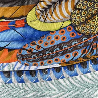 Hermes Silk Plumes En Fete Scarf 90 Blanc Turquoise Multicolor 4 of 4
