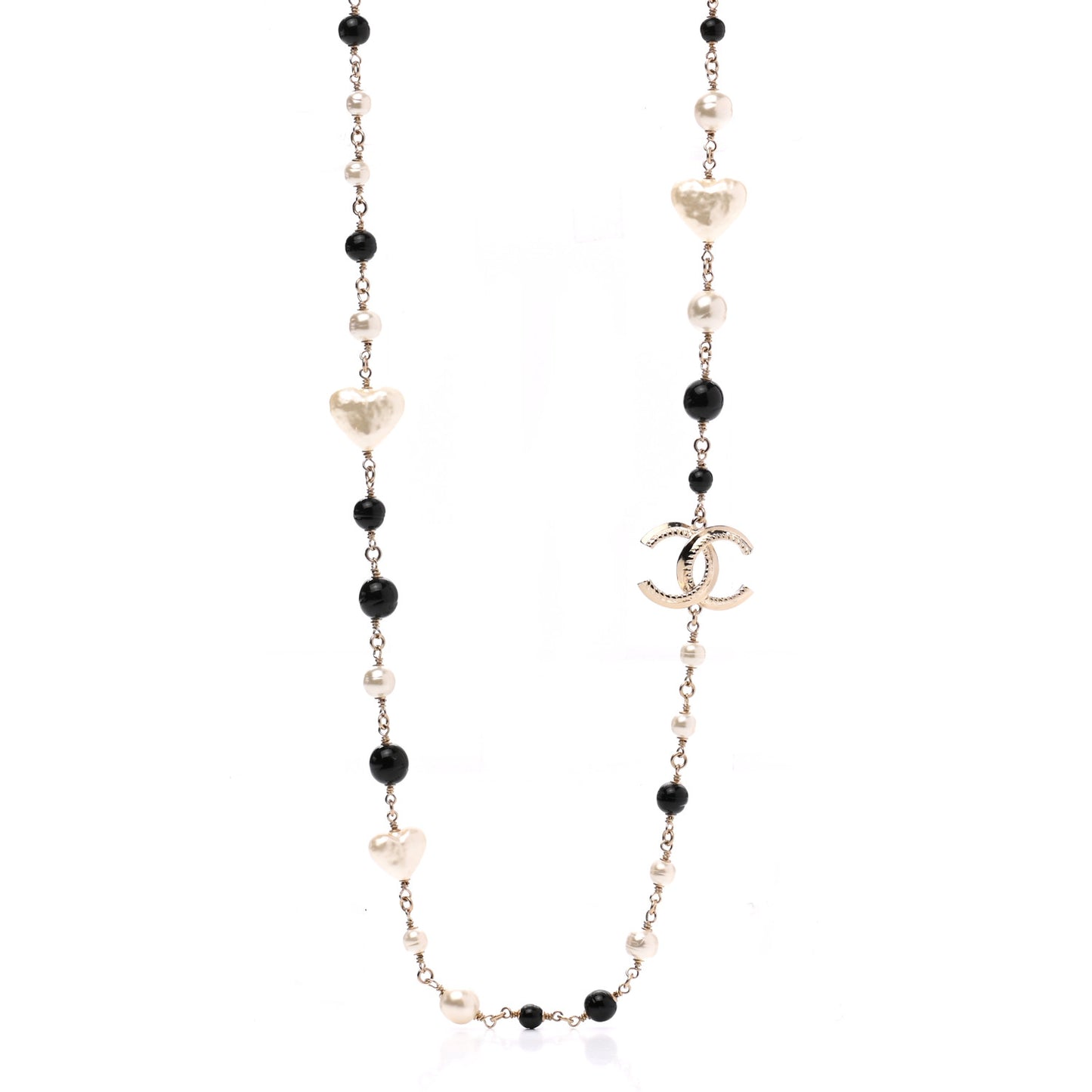 Pearl Bead Heart CC Long Necklace Gold Black