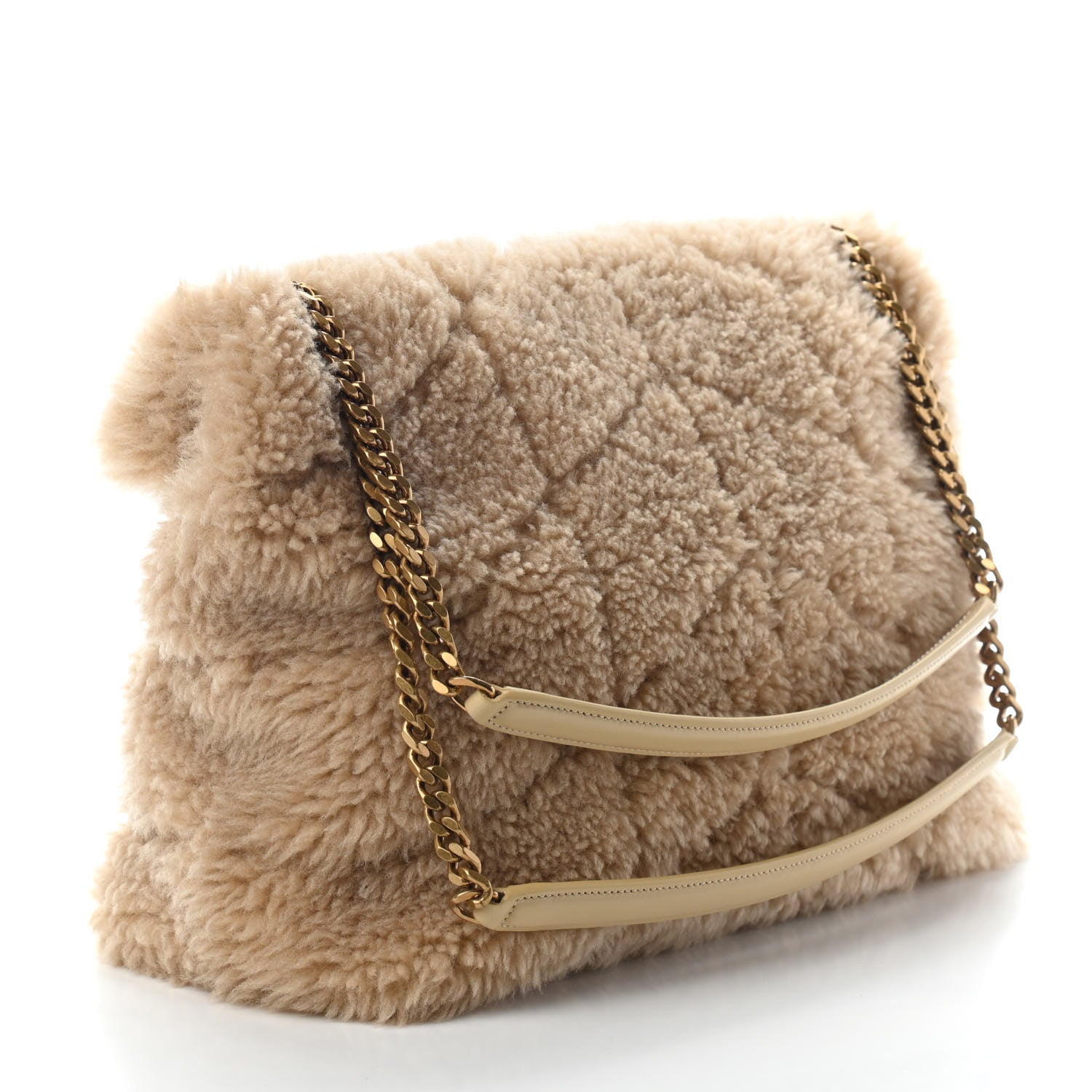 Saint Laurent Shearling Quilted Small Loulou Monogram Chain Satchel Natural Beige 2 of 8