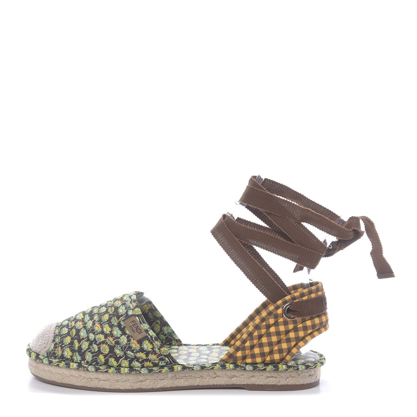 Canvas Quilted Floral Print Gingham Ankle Wrap Flat Espadrilles 37 Multicolor