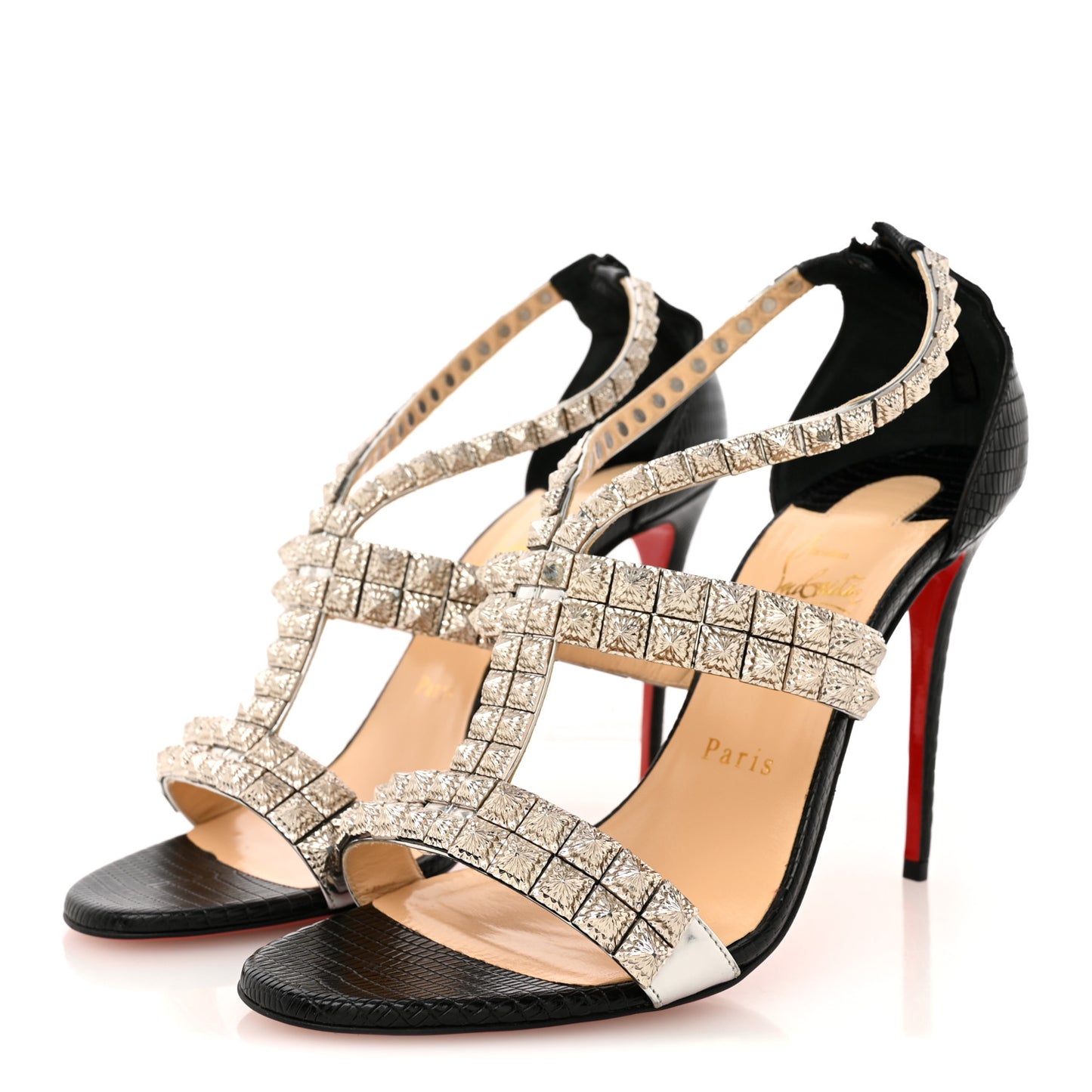 Calfskin Lizard Embossed Diwali 100 Studded Sandals 39 Black Silver