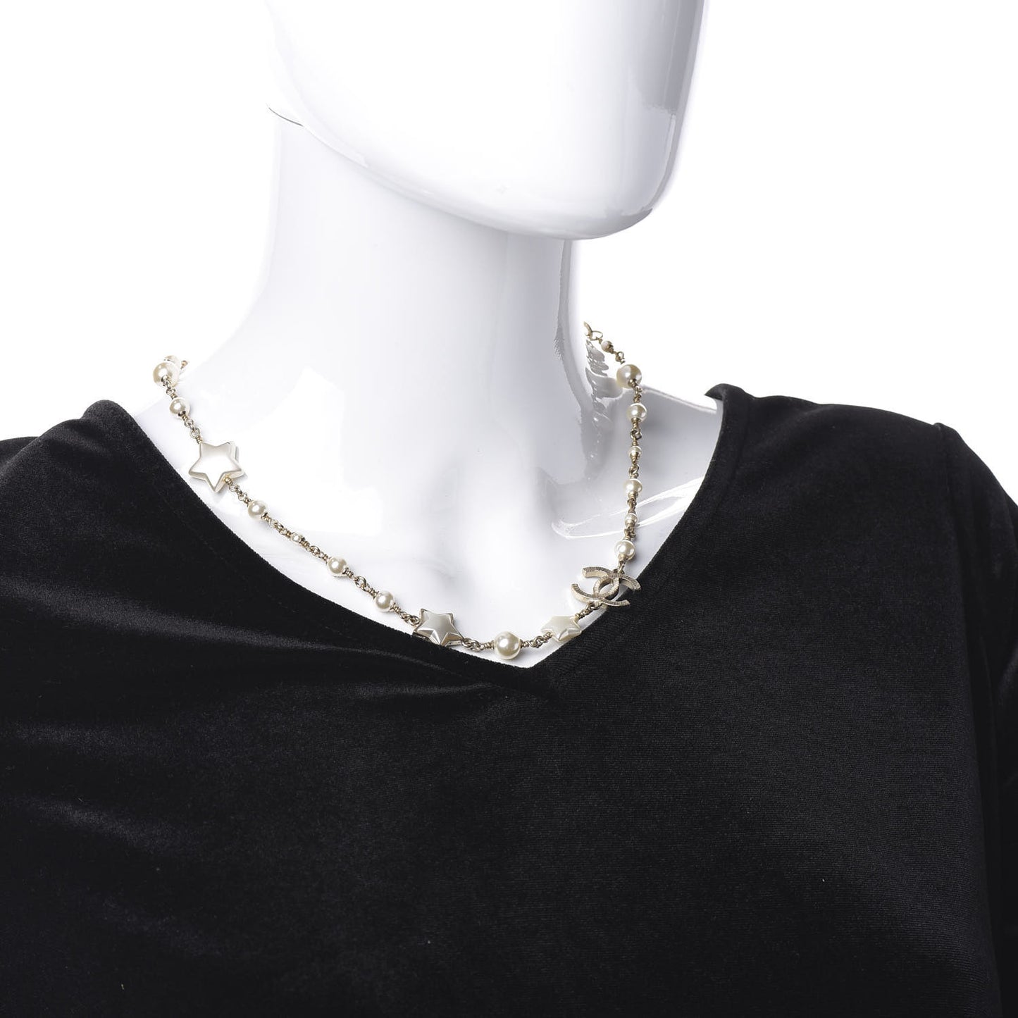 Metal Resin Pearl Star CC Necklace Gold