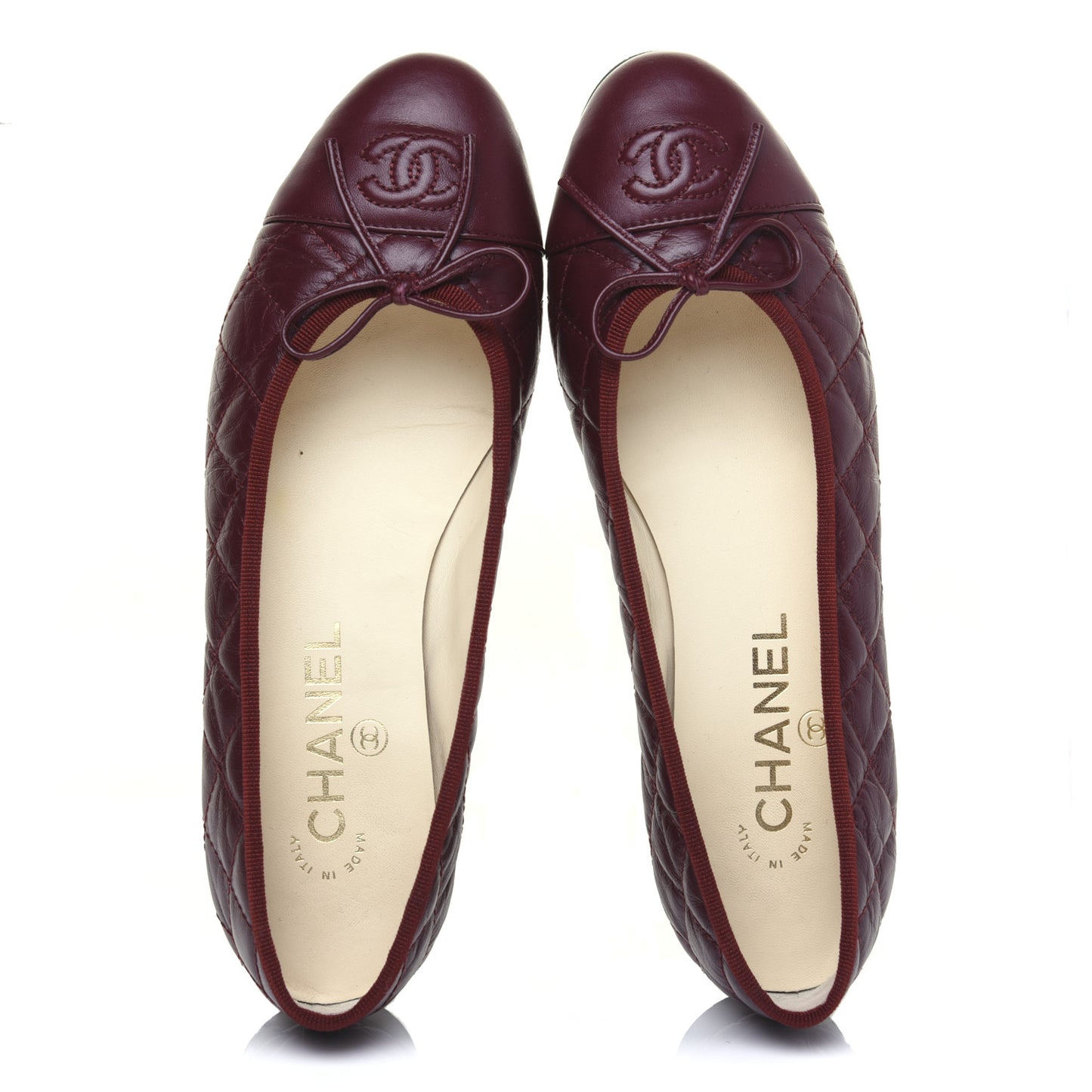 Tumbled Calfskin Quilted Cap Toe Ballerina Flats 37 Burgundy