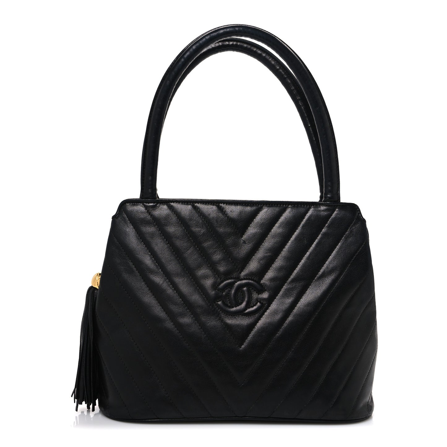 Lambskin Chevron Quilted Top Handle Tote Bag Black