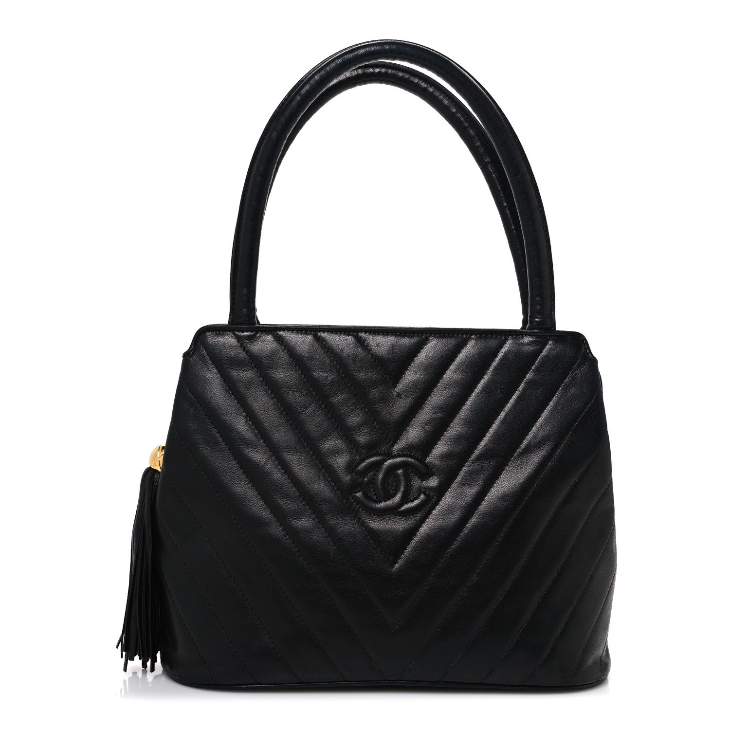 Chanel Lambskin Chevron Quilted Top Handle Tote Bag Black 1 of 11