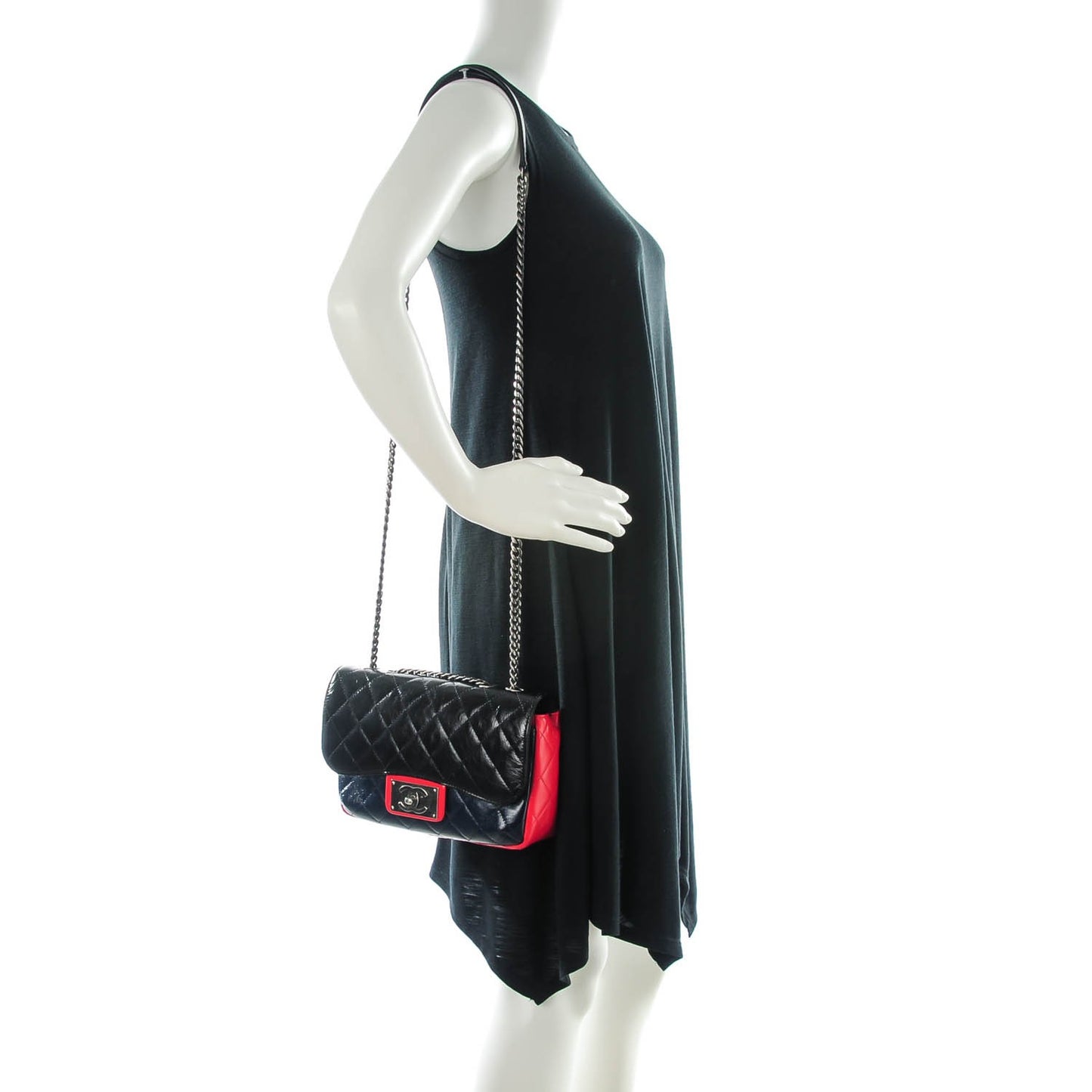 Shiny Goatskin Quilted Tri-Color Flap Black Red Navy