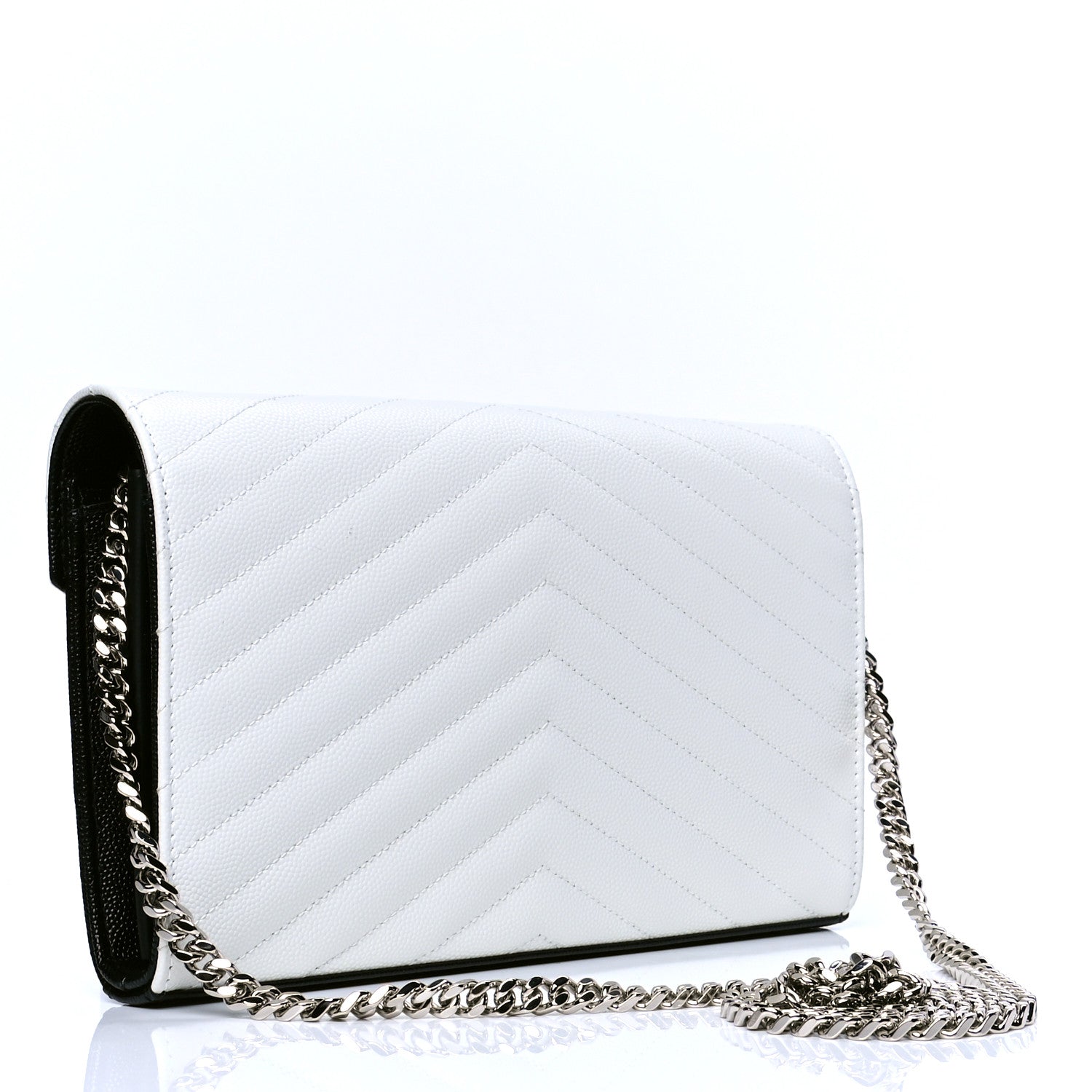 Saint Laurent Grain De Poudre Matelasse Chevron Bi-Color Monogram Chain Wallet White Black 2 of 4
