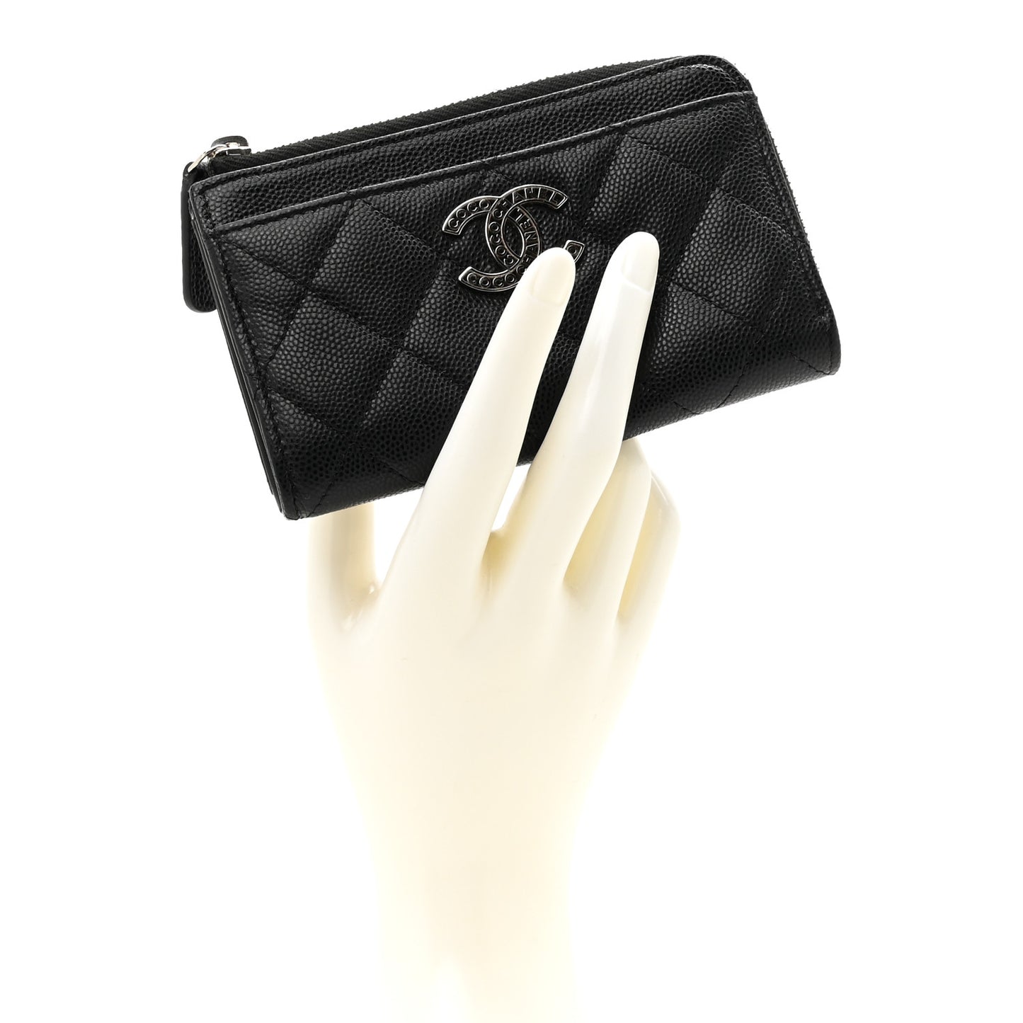 Caviar Quilted CC Logo Zip Around Card Holder Black