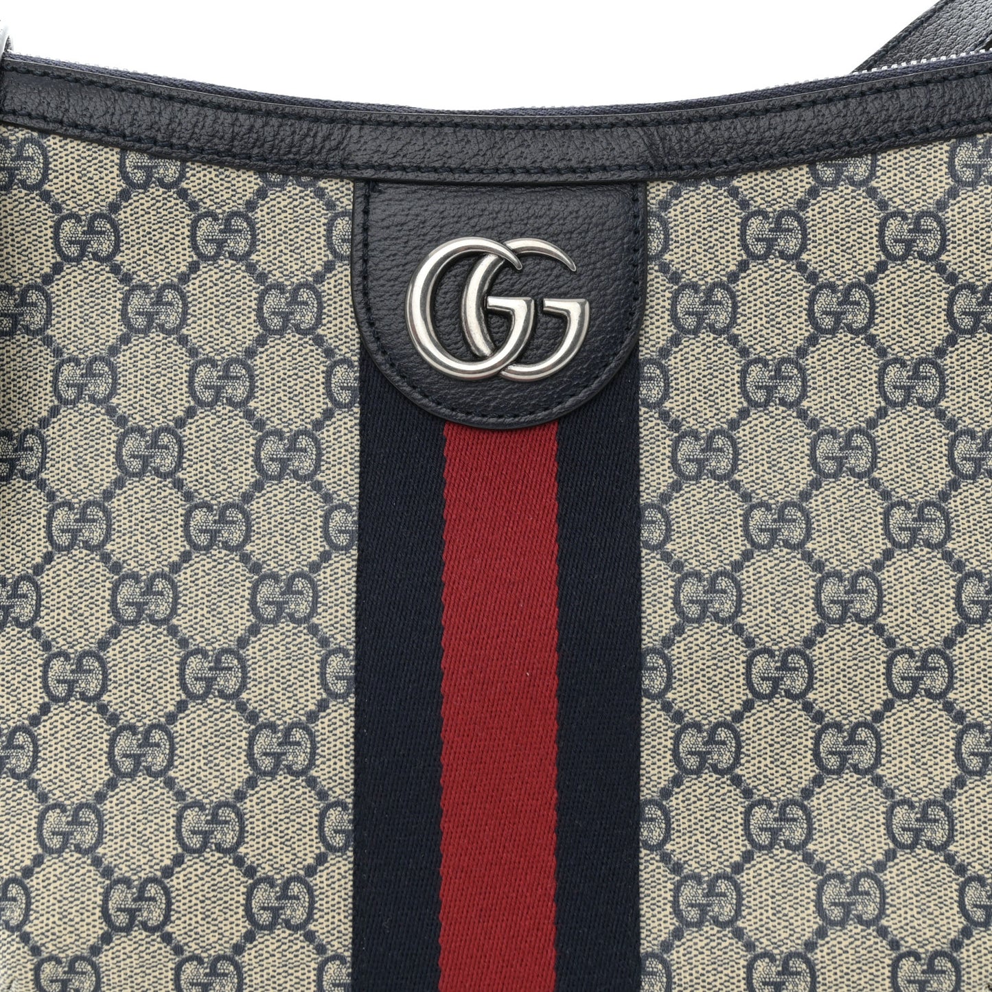 GG Supreme Monogram Textured Dollar Calfskin Web Small Ophidia Half Moon Hobo Beige Blue