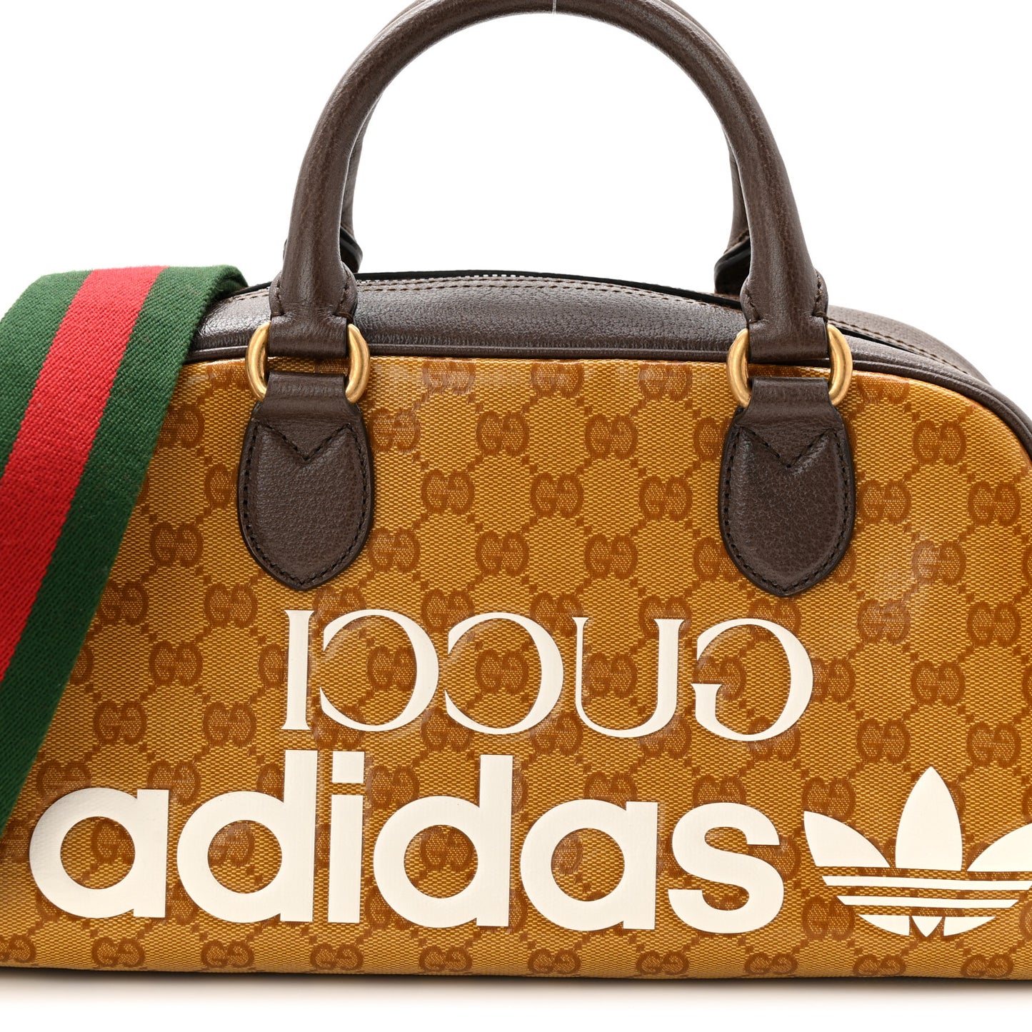 X ADIDAS Crystal Vintage Monogram Textured Dollar Calfskin Web Trefoil Logo Mini Bowling Bag Mid Natural Nut Off White New Acero