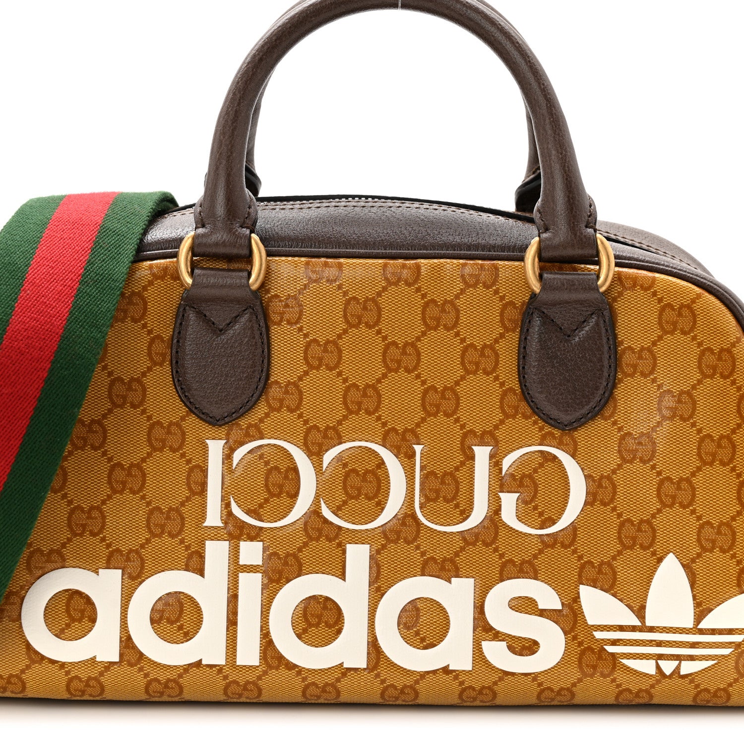 Gucci X ADIDAS Crystal Vintage Monogram Textured Dollar Calfskin Web Trefoil Logo Mini Bowling Bag Mid Natural Nut Off White New Acero 8 of 10