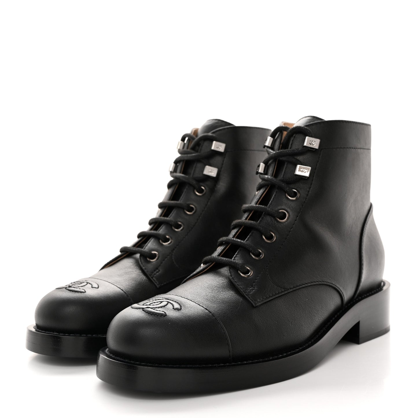 Calfskin Lace Up CC Combat Boots 37 Black