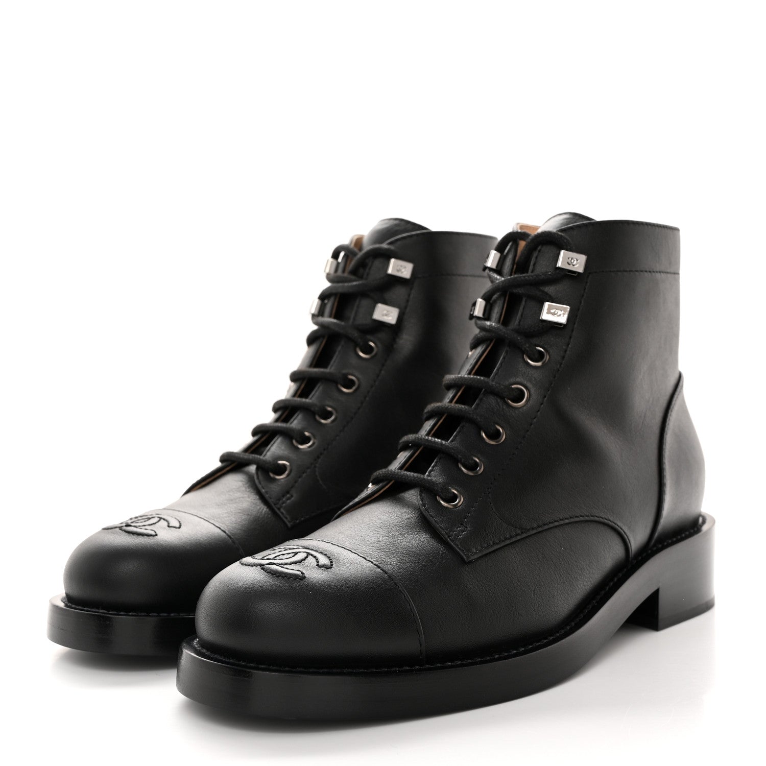 Chanel Calfskin Lace Up CC Combat Boots 37 Black 3 of 9