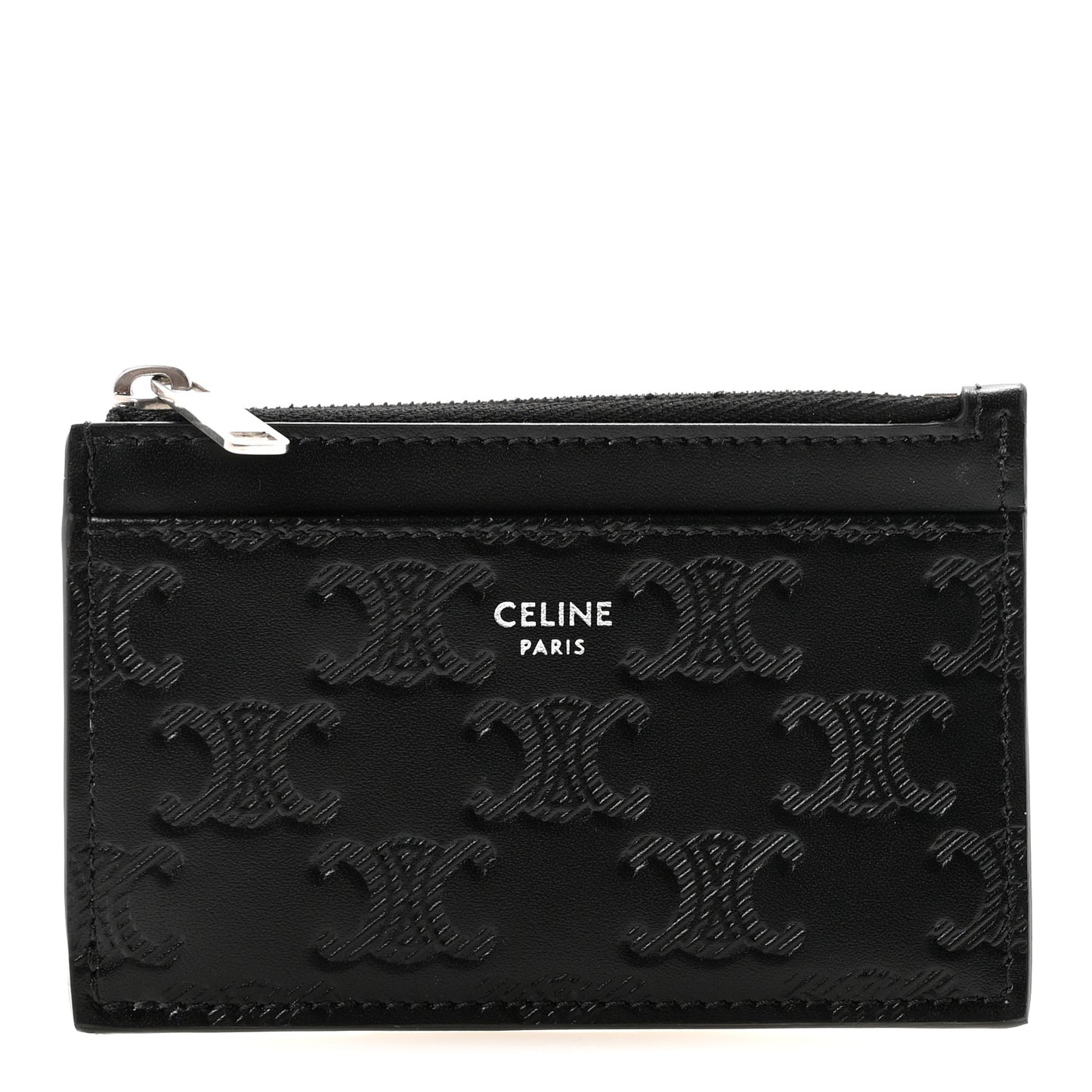Calfskin Triomphe Embossed Zipped Card Holder Black