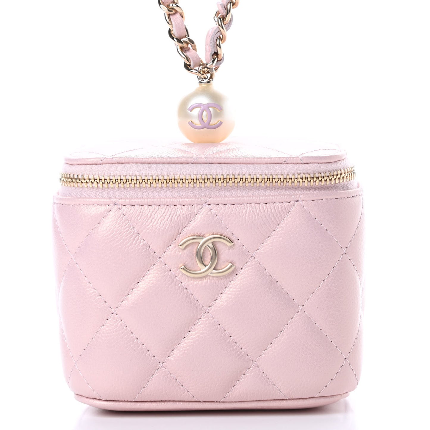 Iridescent Caviar Quilted Mini Pearl On Top Vanity Case With Chain Light Pink