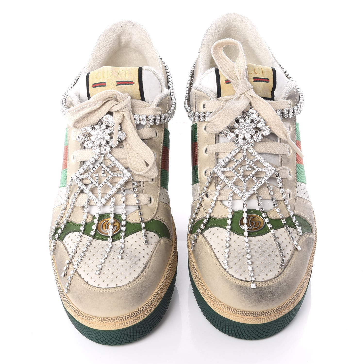 Gucci Nubuck Calfskin Web Removable Crystals Mens Screener Sneakers 8.5 Dusty Milk New Mystic White 5 of 11