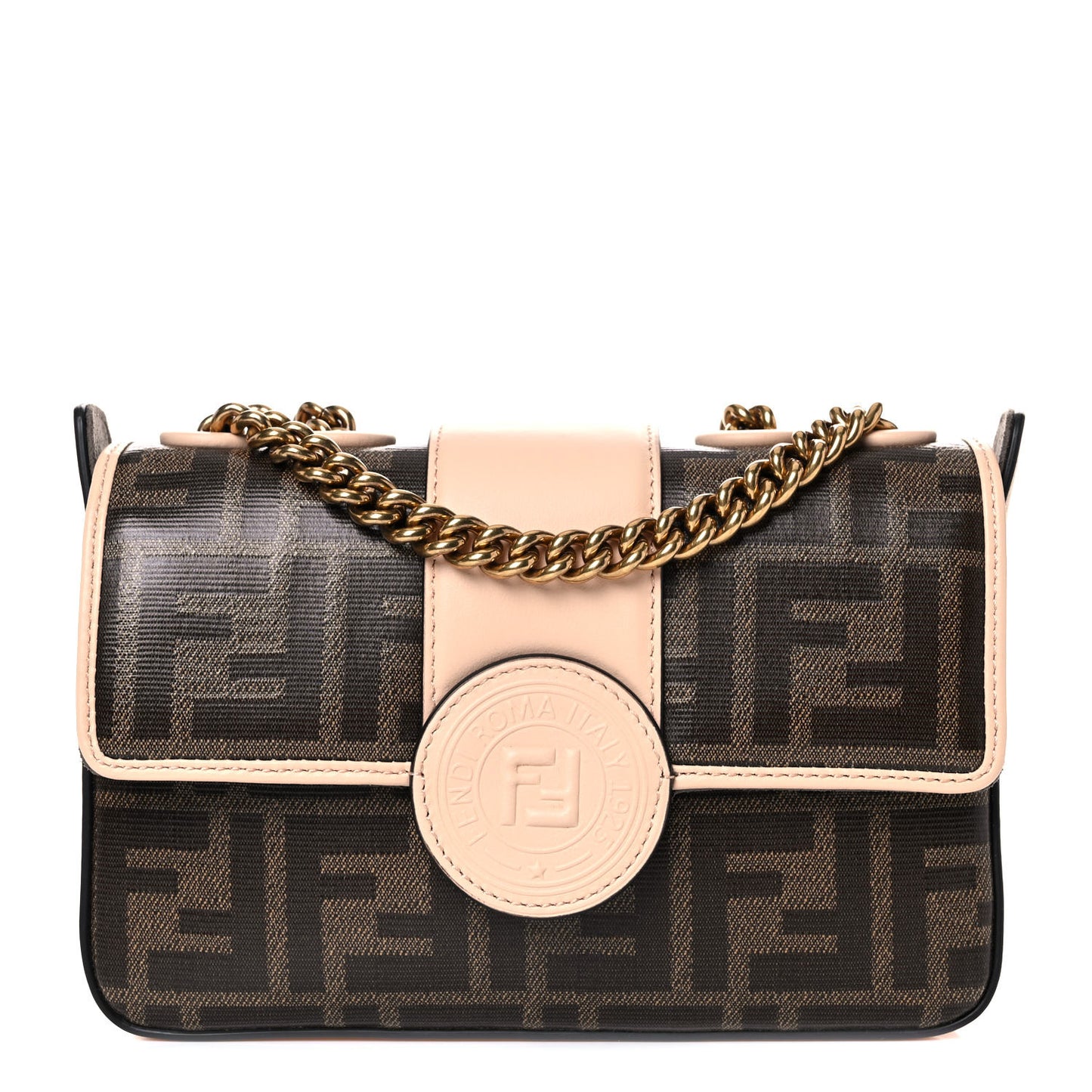 Glazed Fabric Vitello Century FF 1974 Stamp Patch Mini Double F Crossbody Bag Mogano Panna Plaster