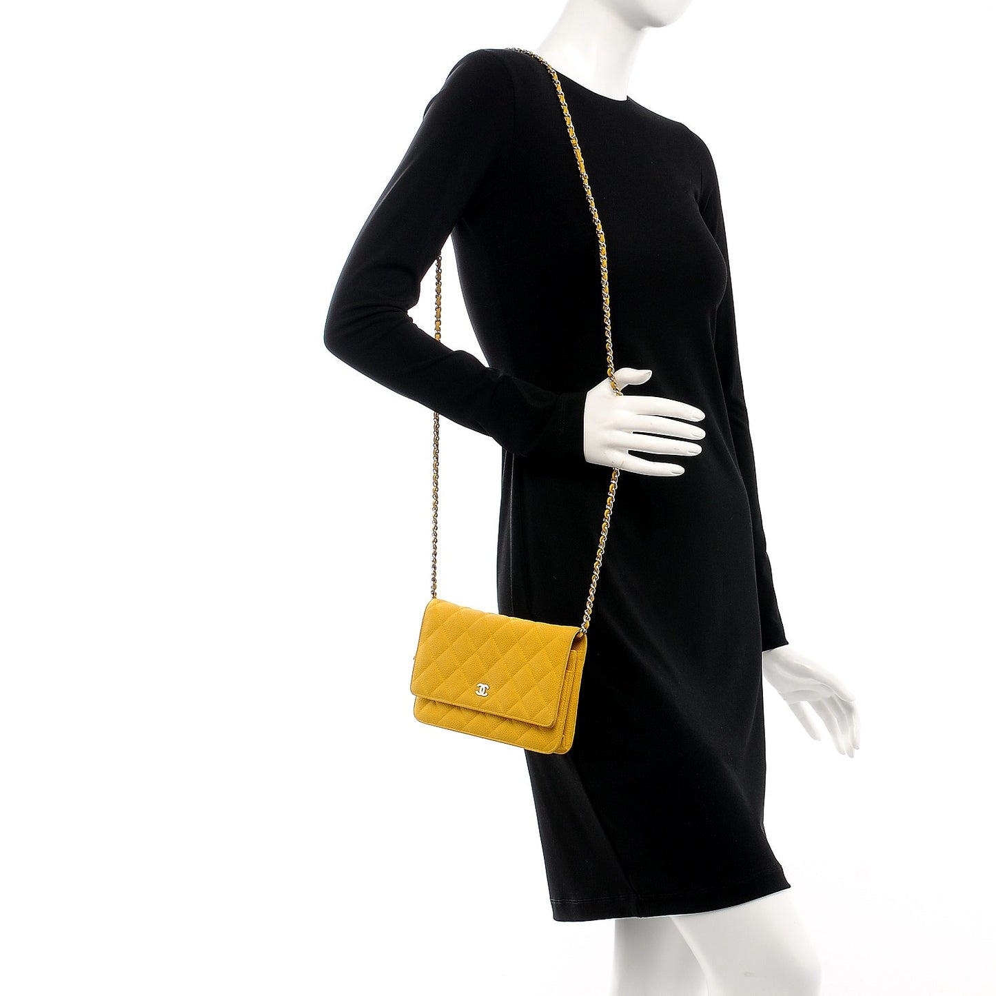 Iridescent Caviar Quilted Wallet on Chain WOC Yellow