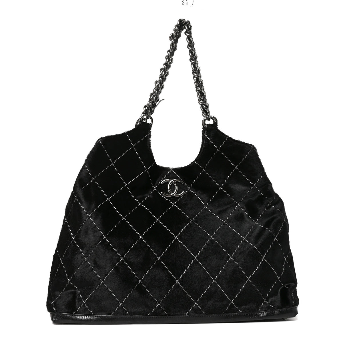 Pony Hair Double Contrast Stitch Tote Black