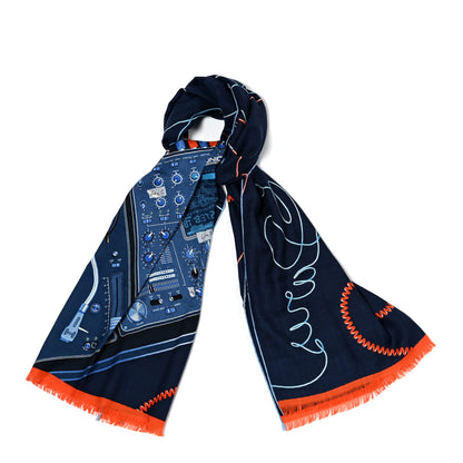 Hermes Cashmere Silk Last Night Rectangle Scarf Marine Orange Bleu 1 of 5