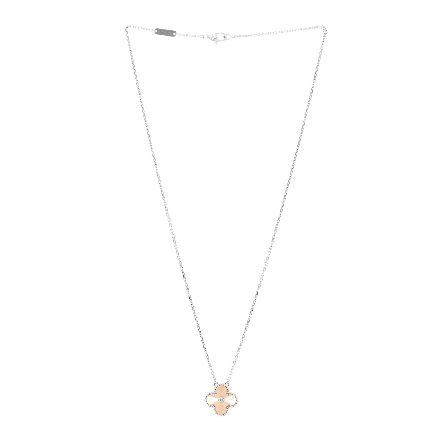 Van Cleef & Arpels 18K White Rose Gold Diamond Guilloche Vintage Alhambra Pendant Necklace 3 of 5