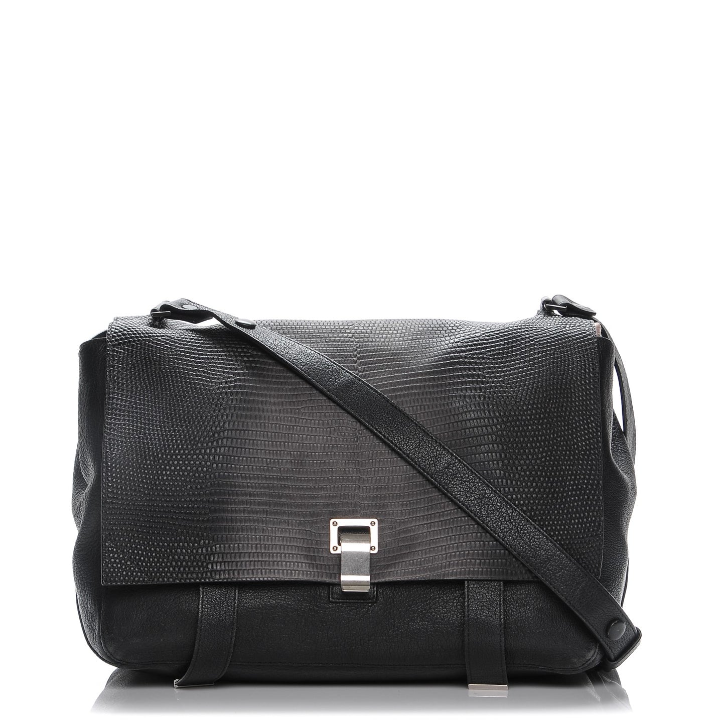 Calfskin Lizard Embossed Large Courier Bag Black