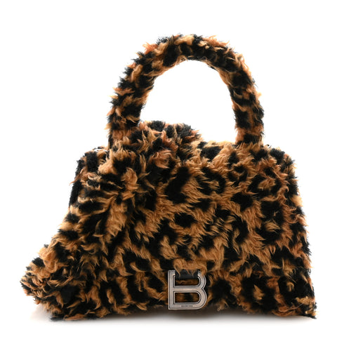 Fleece Leopard Print Small Hourglass Top Handle Bag Brown