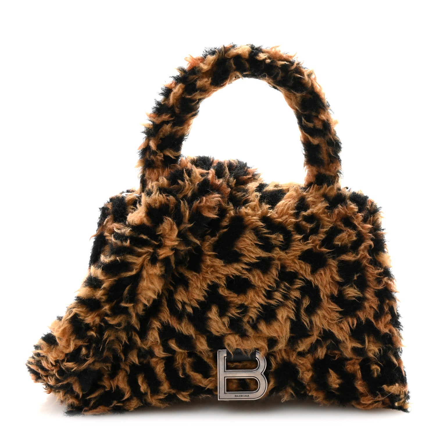 Balenciaga Fleece Leopard Print Small Hourglass Top Handle Bag Brown 1 of 9