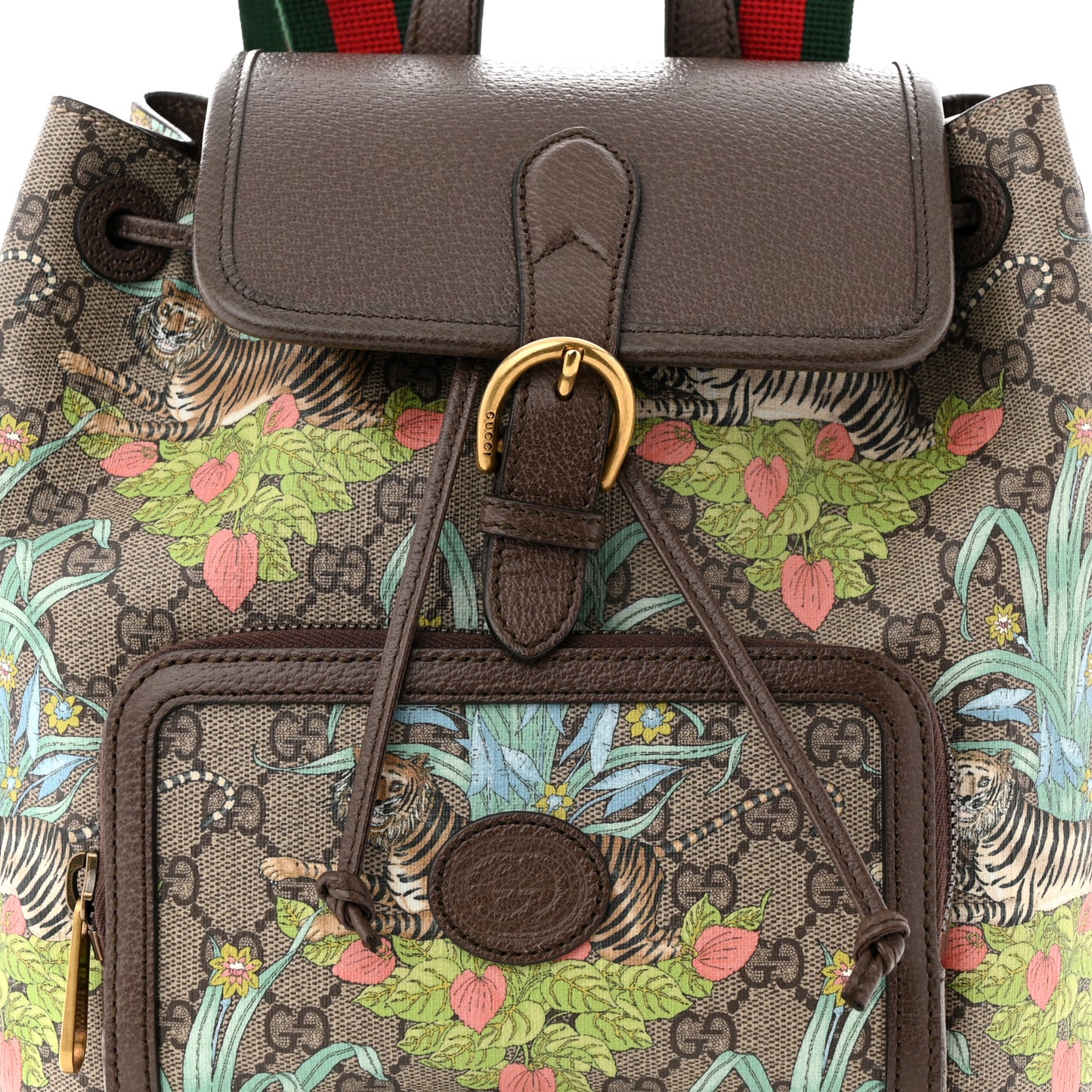 GG Supreme Monogram Textured Dollar Calfskin Tiger Savanah Retro Interlocking G Buckle Backpack Beige Ebony Multicolor New Acero
