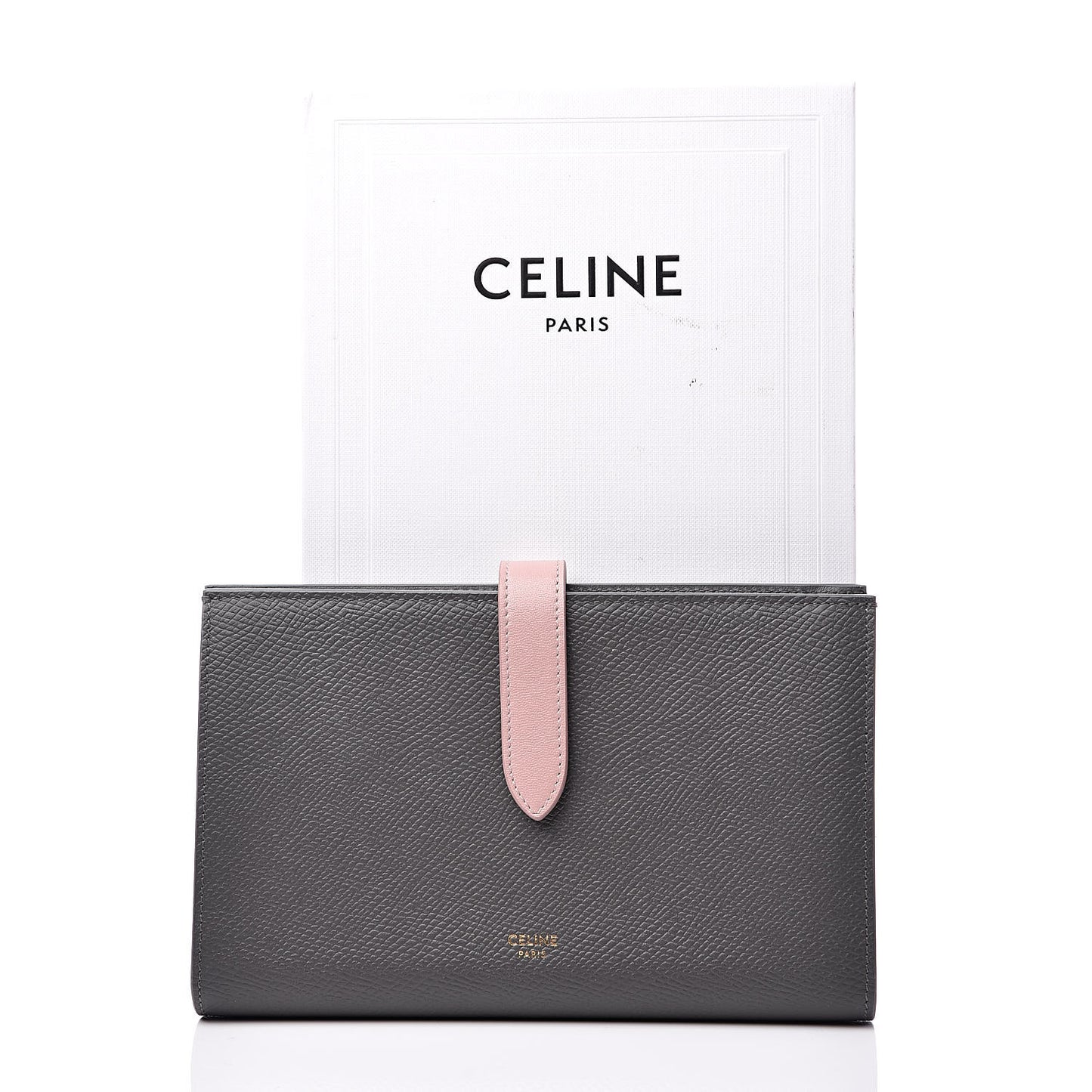 Grained Calfskin Large Multifunction Strap Wallet Grey Vintage Pink