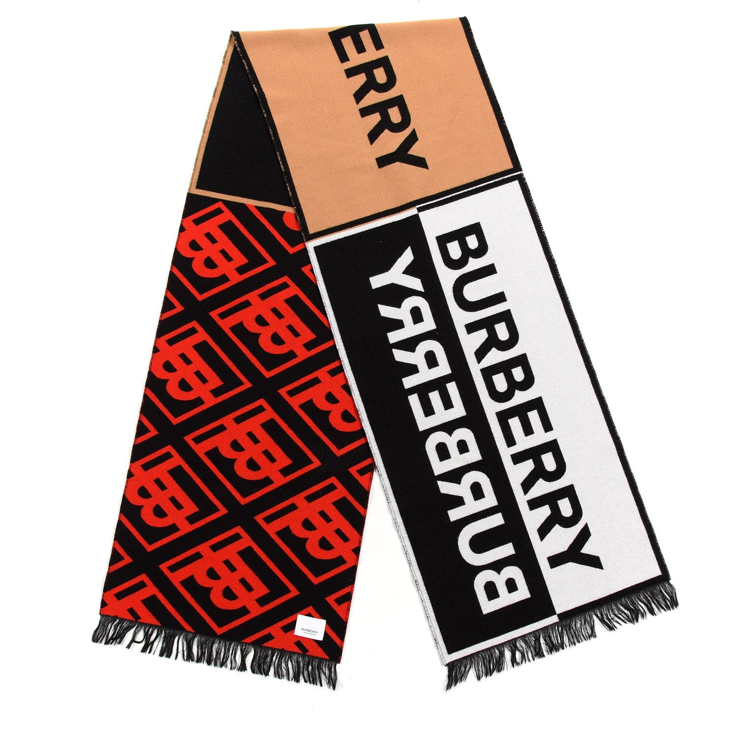 Silk Wool Contrast Logo Striped Scarf Red Beige