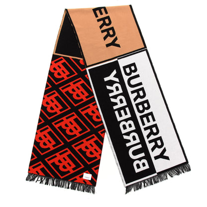 Burberry Silk Wool Contrast Logo Striped Scarf Red Beige 2 of 4
