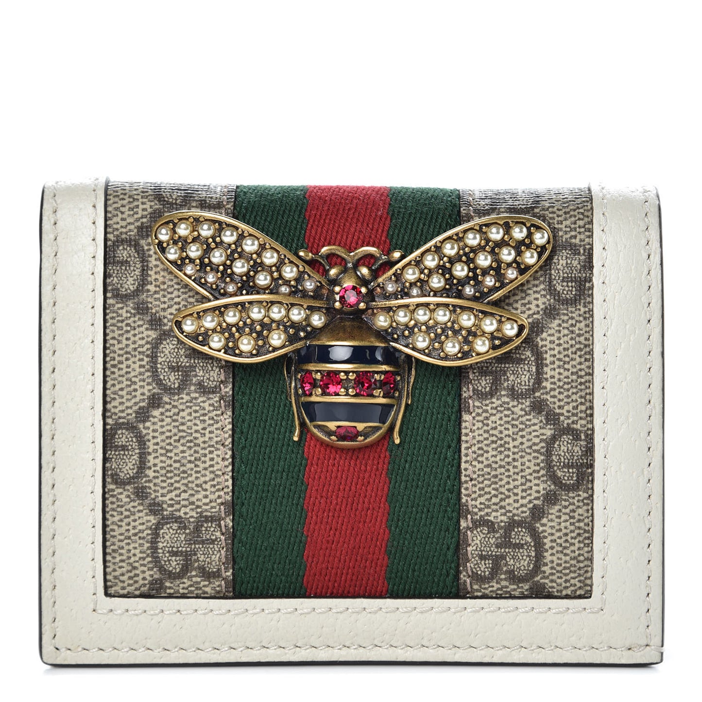 GG Supreme Monogram Web Queen Margaret Card Case Wallet Beige Mystic White