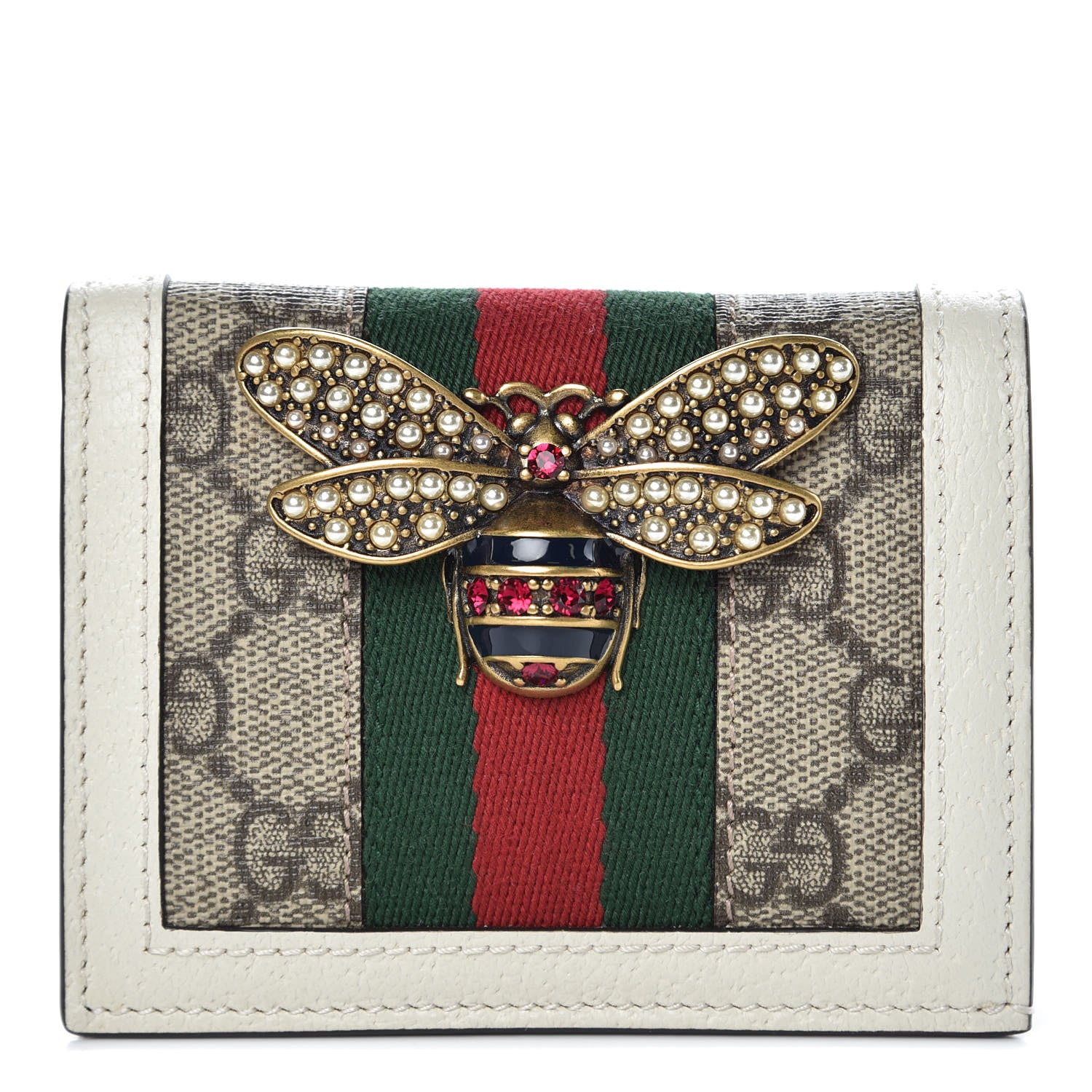 Gucci GG Supreme Monogram Web Queen Margaret Card Case Wallet Beige Mystic White 1 of 9