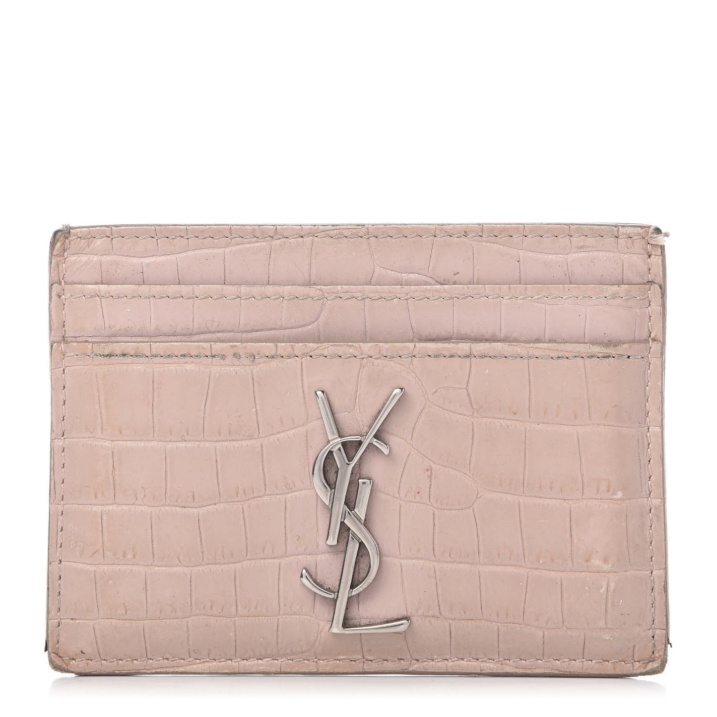 Calfskin Crocodile Embossed Card Case Rose Antic