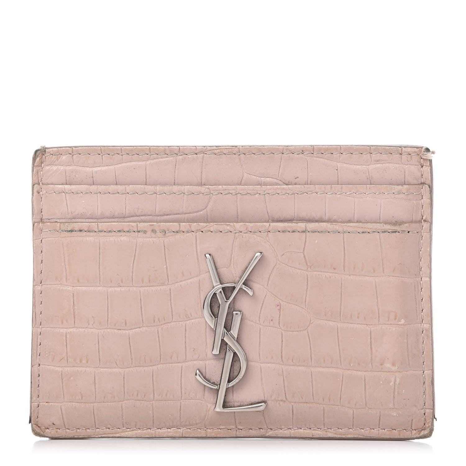 Saint Laurent Calfskin Crocodile Embossed Card Case Rose Antic 1 of 10