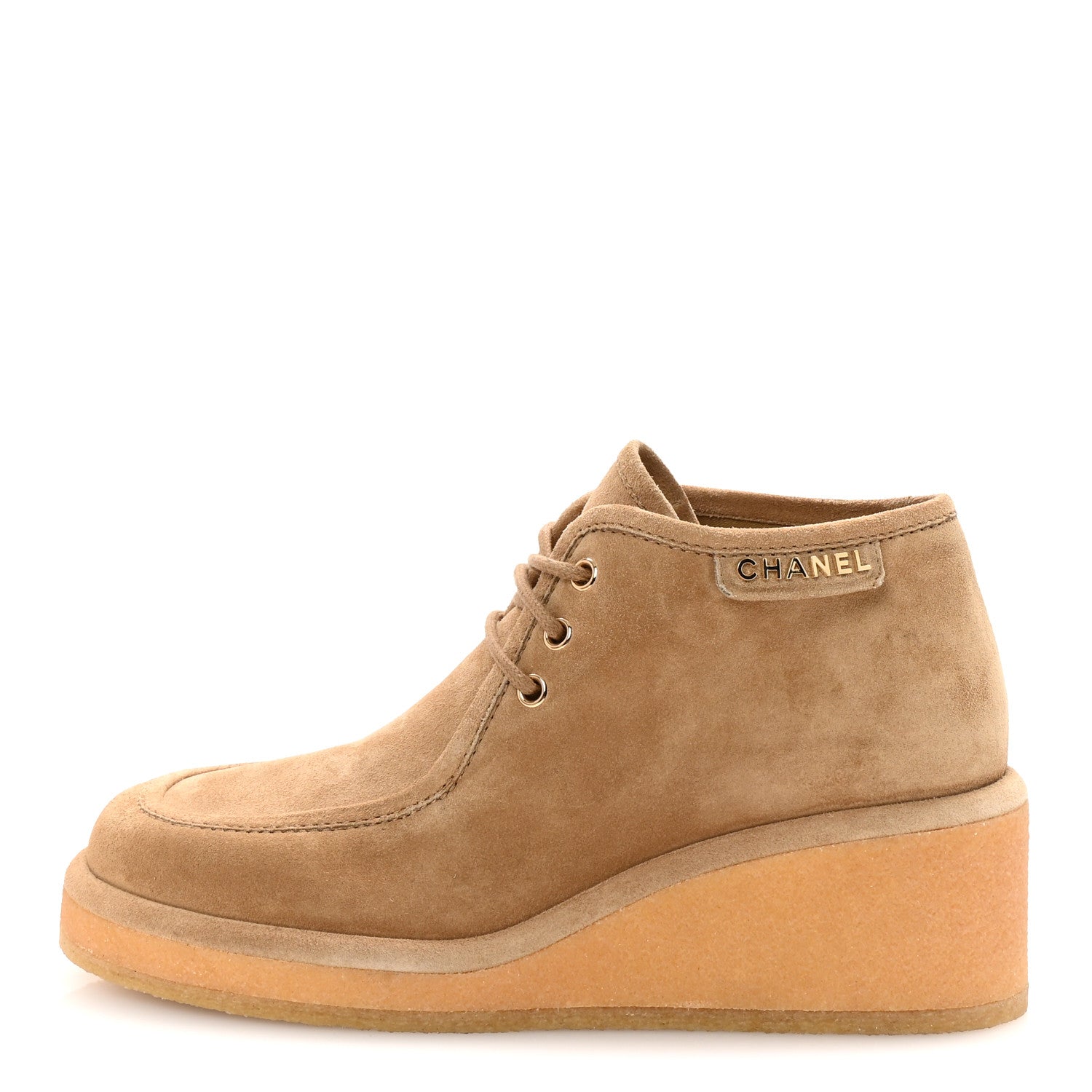 Chanel Suede Calfskin Lace Up Wedge Booties 40.5 Beige 1 of 10