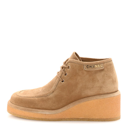 Chanel Suede Calfskin Lace Up Wedge Booties 40.5 Beige 1 of 10