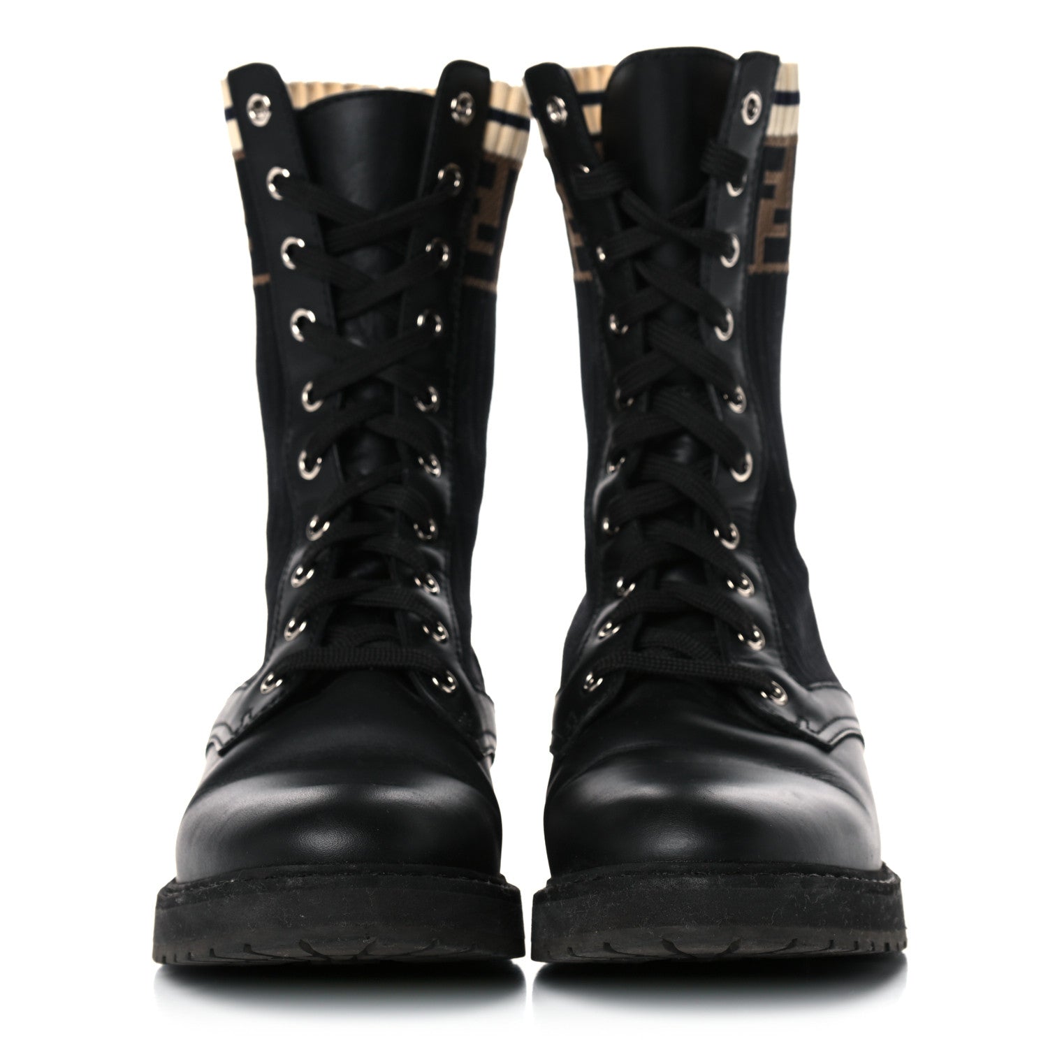Fendi Calfskin Stretch Fabric Rockoko Biker Boots 38 Tobacco Black Marino 2 of 15