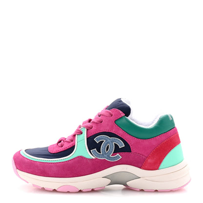 Chanel Nylon Calfskin Suede CC Sneakers 35 Pink Green 1 of 9