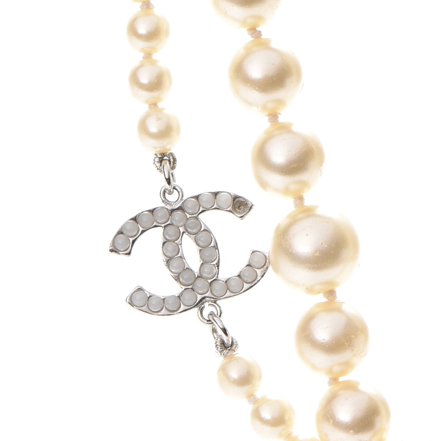 Graduated Pearl CC Long Necklace Silver